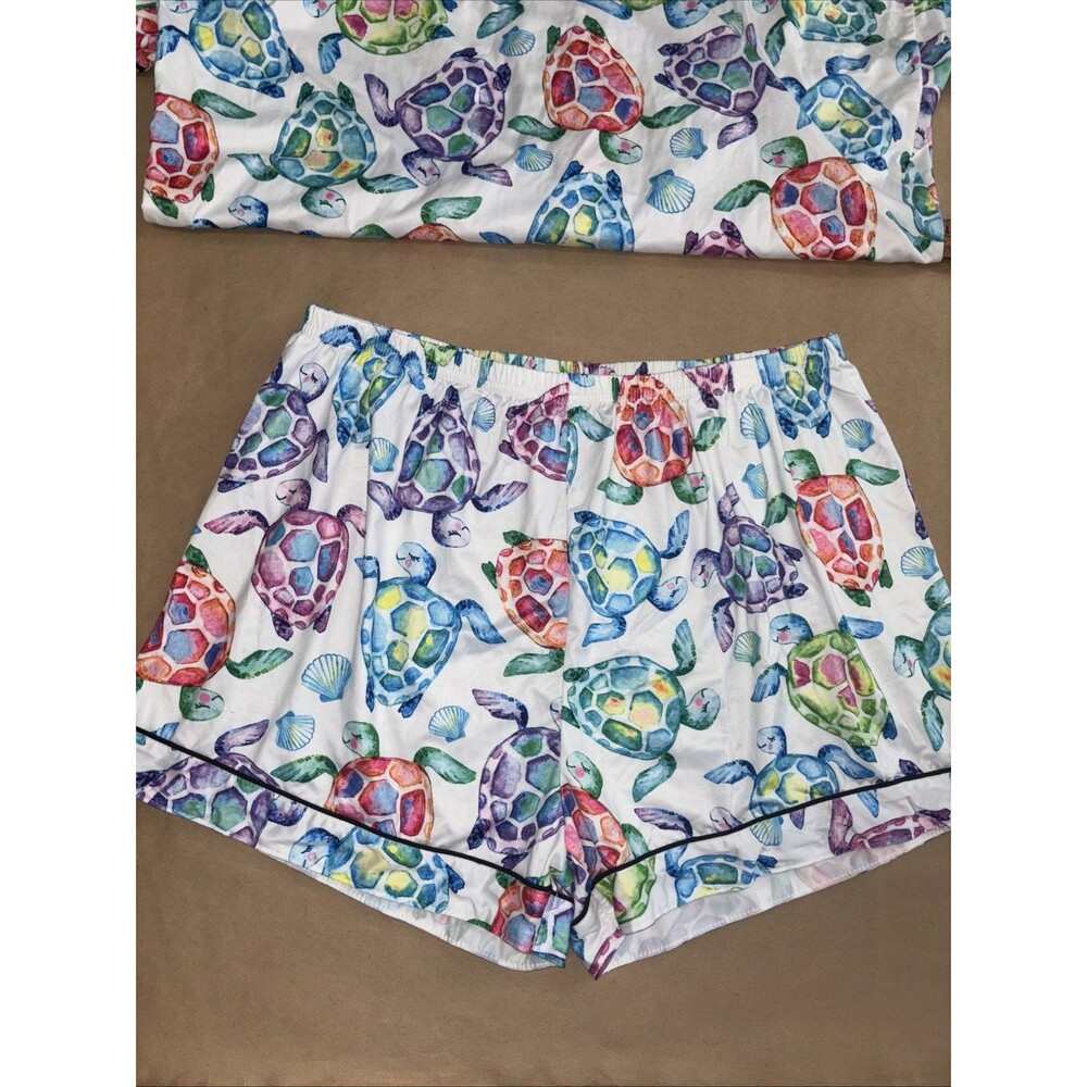 Women’s White Short Pajama Set with Colorful Turtle Print - Picture 3 of 6